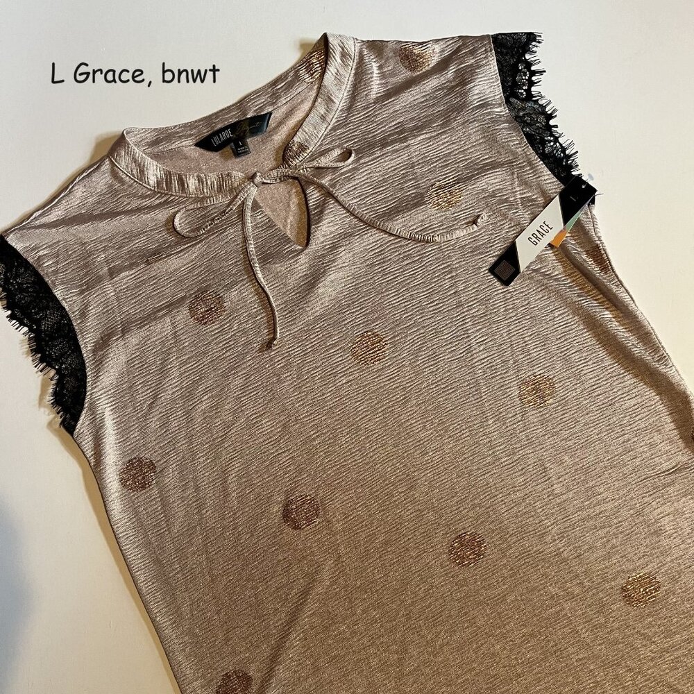 Large Lularoe Grace sleeveless shirt, pink with dots, Elegant